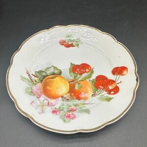 Antique German Porcelain‎ Fruit Plate Hand Painted Gilded Edge Floral Cherry